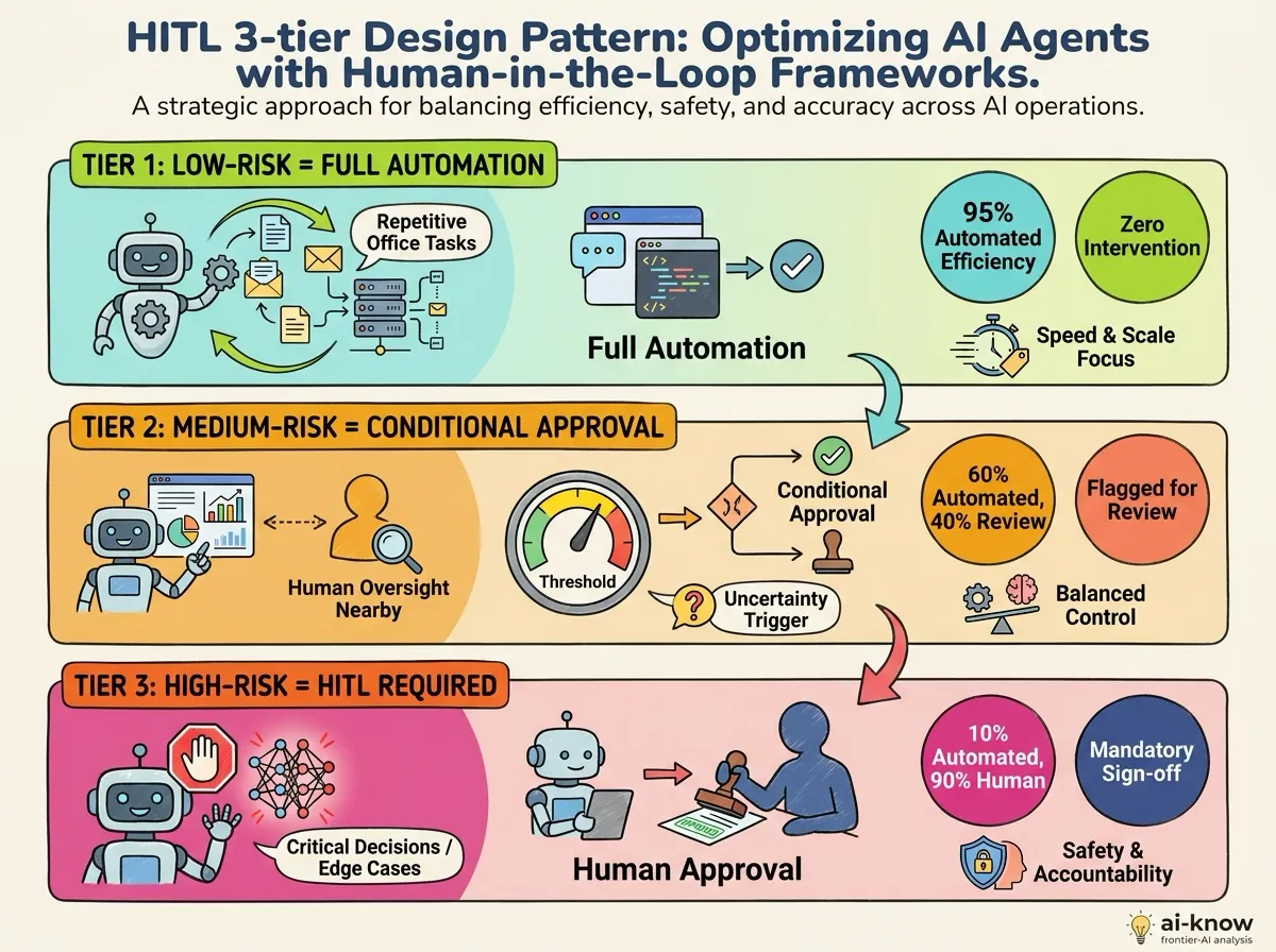 Tiered HITL design diagram showing fully automated for low risk, conditional approval for medium risk, and HITL required for high risk decisions