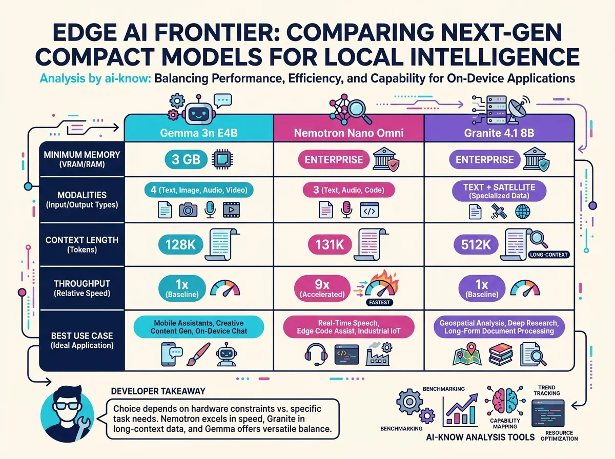 Comparison matrix of Gemma 3n E4B, Nemotron Nano Omni, and Granite 4.1 8B across five axes — minimum memory, modality count, context length, throughput, and best use case — with the Granite 512 K row and Nemotron 9× throughput row color-highlighted