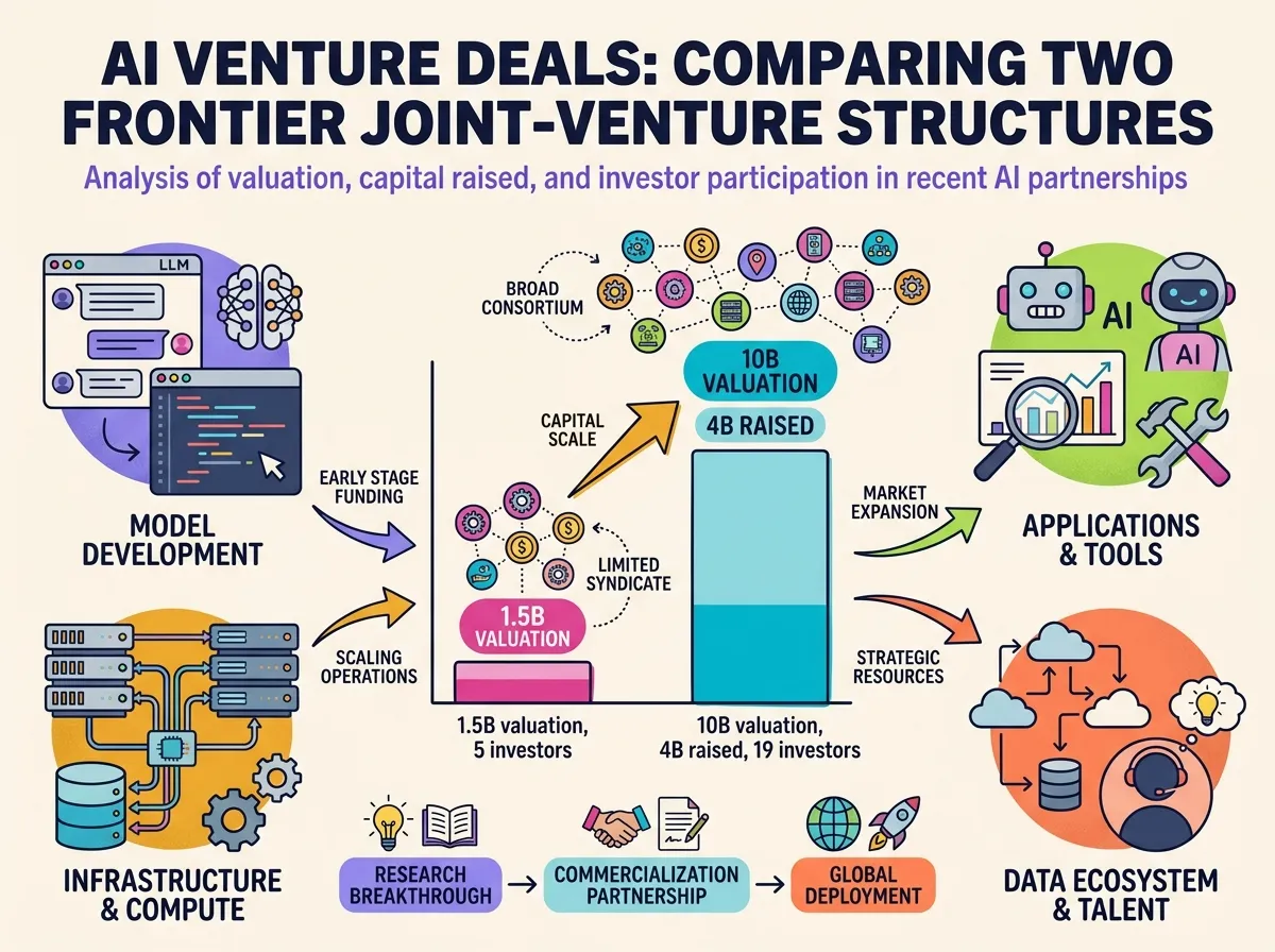 Bar chart comparing Anthropic JV ($1.5B valuation, 5 key investors) versus OpenAI JV ($10B valuation, $4B raised, 19 investors). Numerical labels on bars, cyan accent on the taller bar.
