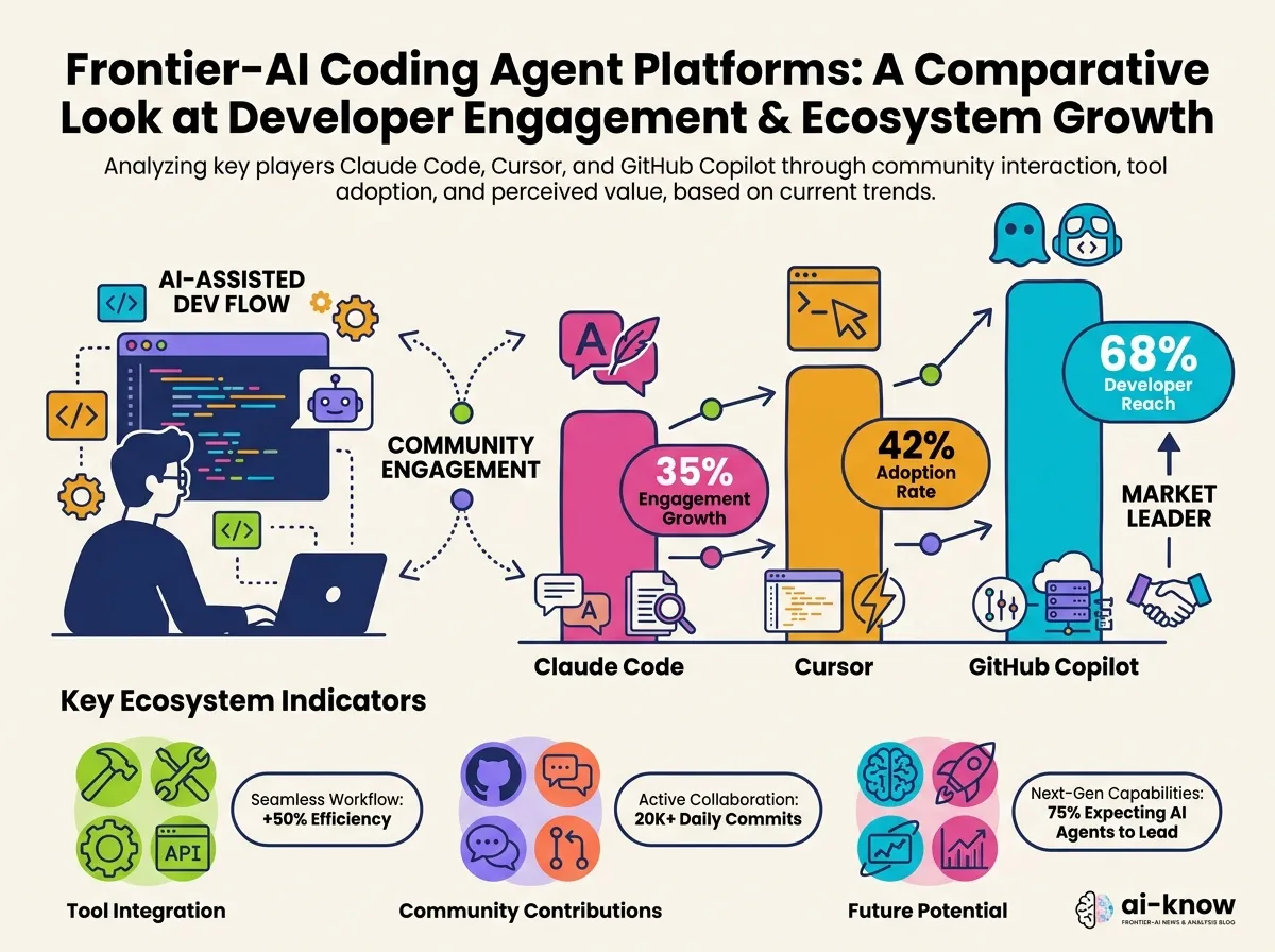 An abstract bar chart comparing 3 AI coding agent platforms — Claude Code, Cursor, and GitHub Copilot — across developer community engagement axes, with cyan accent on the leading bar, minimal dark background