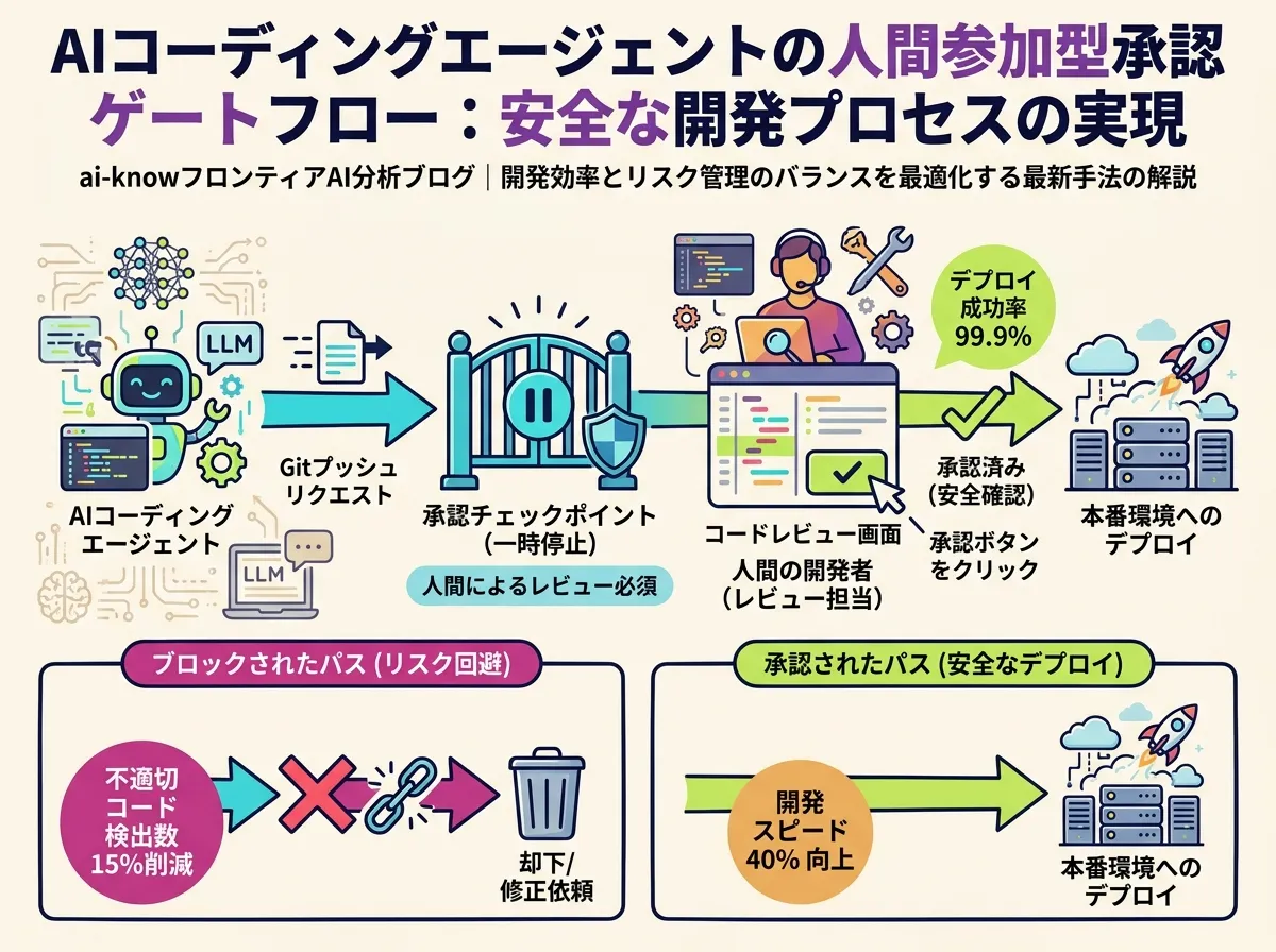 ヒューマン・イン・ザ・ループの承認フロー図。AIエージェントが高リスク操作(git push)を試みる際にシアン色の一時停止シンボルで人間レビューを要求するフロー。