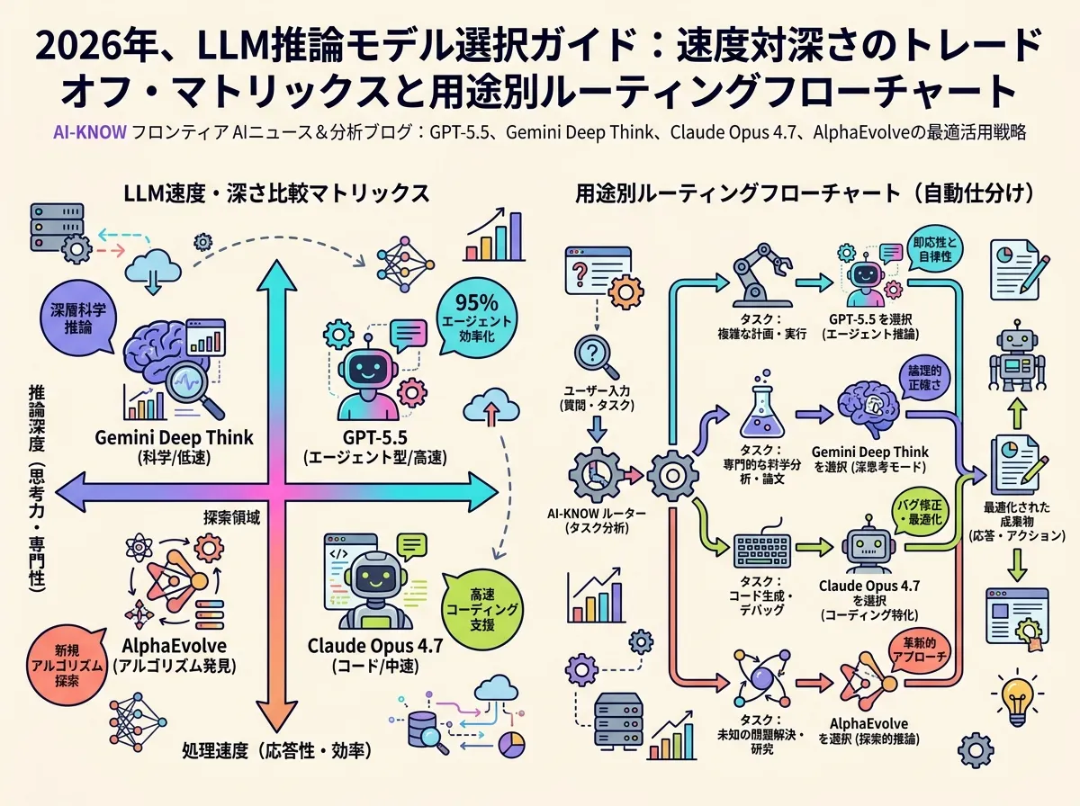 GPT-5.5・Gemini 3 Deep Think・Claude Opus 4.7 を「推論アプローチ別（速度↔深度）×得意ドメイン（科学/コード/抽象）」の2×2マトリクスに配置し、AlphaEvolve を「アルゴリズム探索」軸で別枠表示した選択ガイドインフォグラフィック