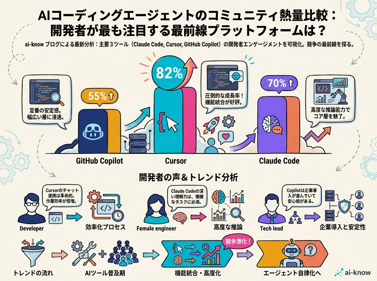 AI コーディングツール 3 社(Claude Code / Cursor / GitHub Copilot)を抽象バーチャートで比較するインフォグラフィック。開発者コミュニティへの訴求戦略軸でシアンアクセントが最長バーを強調している