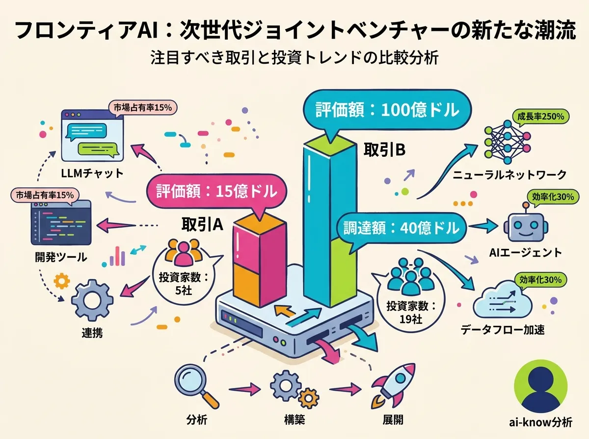 Anthropic JV（評価額$1.5B、主要投資家 5 社）と OpenAI JV（評価額$10B、調達$4B、投資家 19 社）の規模比較バーチャート。数値ラベル付き、cyan アクセントで大きい方のバーを強調。