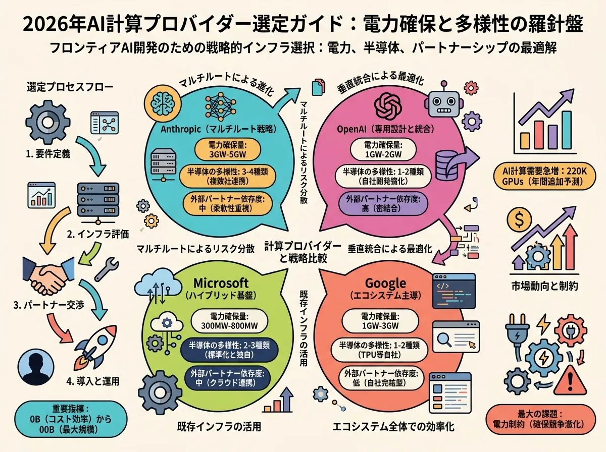 Anthropic・OpenAI・Microsoft・Googleの「電力確保ルート × シリコン戦略 × 外部パートナー依存度」を3軸バブルチャートで比較。Anthropicの4ルート分散が他社と際立って異なる点を強調。
